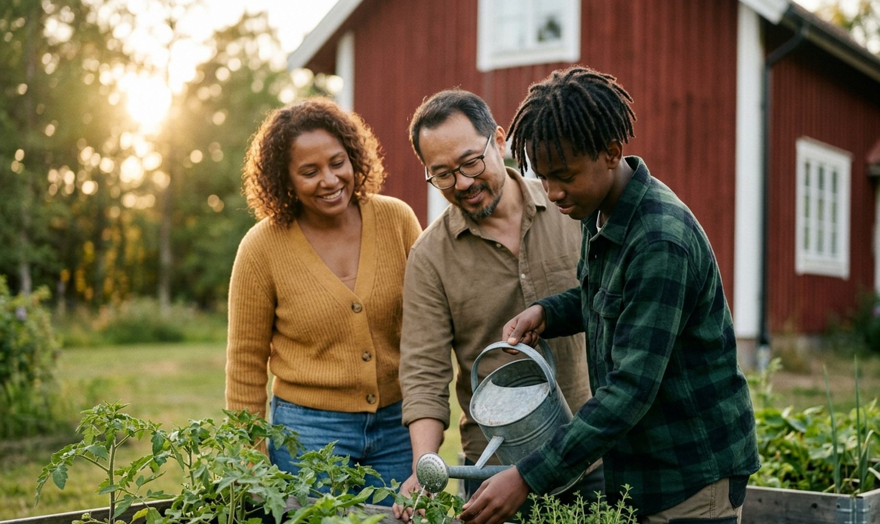 En familj odlar tillsammans med sin tonåriga fosterson på en sommarkväll i svensk landsbygd.