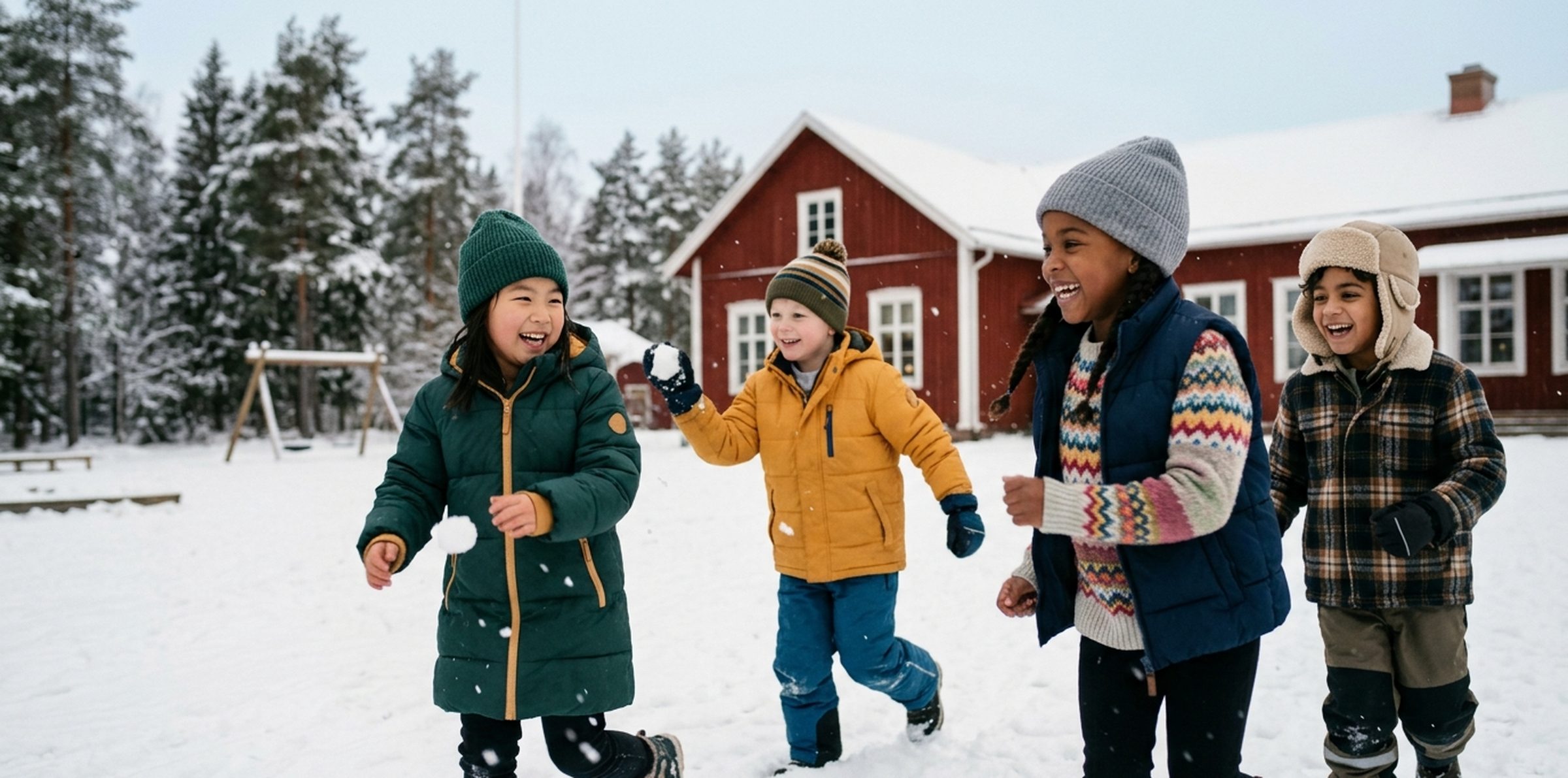 Glada barn leker tillsammans på en snöig skolgård i mångfärgade vinterkläder.