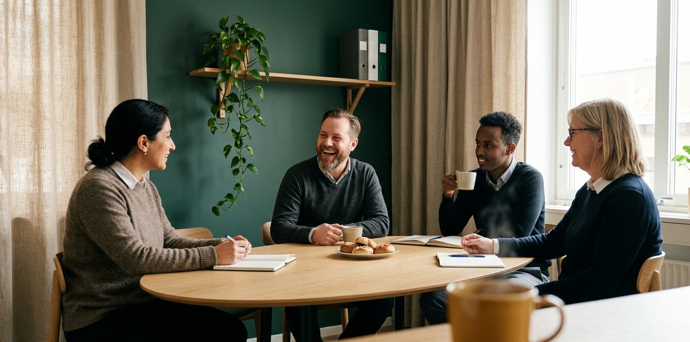 Ett litet team av familjehemskonsulenter har morgonkaffe runt ett bord i ett varmt kontor.