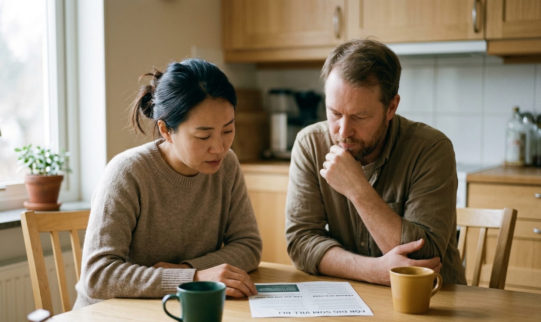 Ett par sitter vid ett köksbord och funderar tillsammans över en informationsbroschyr.
