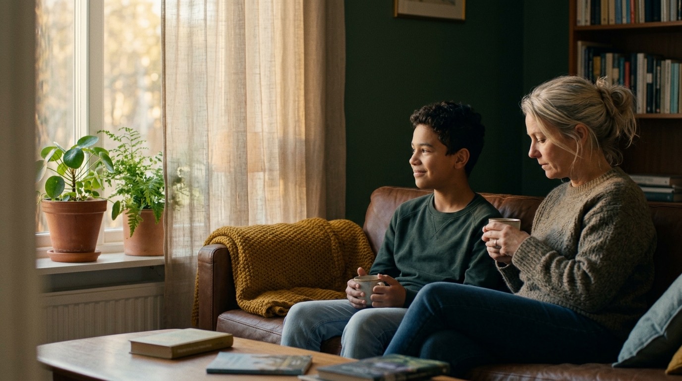 En fostermamma och en tonåring sitter tillsammans i vardagsrummet med varsin kopp te, lugnt och utan press.