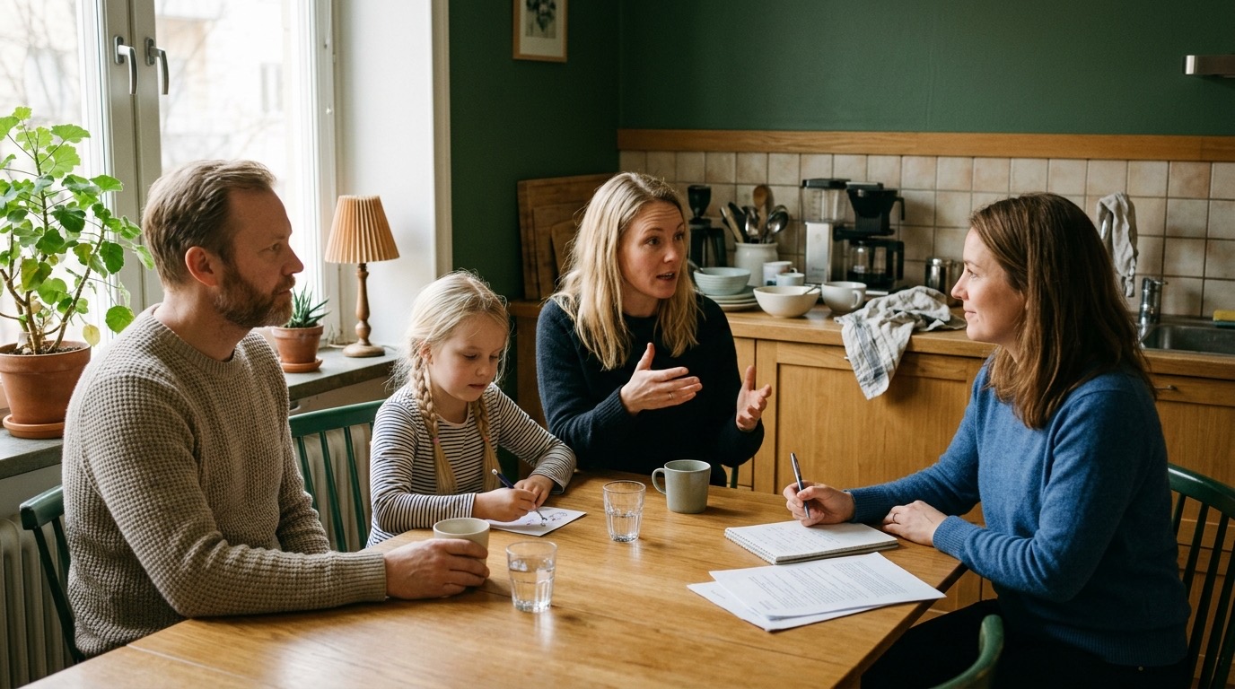 En familj sitter med en socialarbetare vid sitt eget köksbord, papper och anteckningsblock framme i mjukt morgonljus.