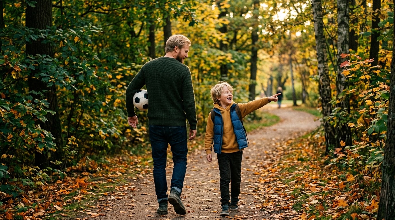 En man och en pojke promenerar tillsammans på en lövbeklädd skogsstig i höstljus, mannen bär en fotboll under armen.