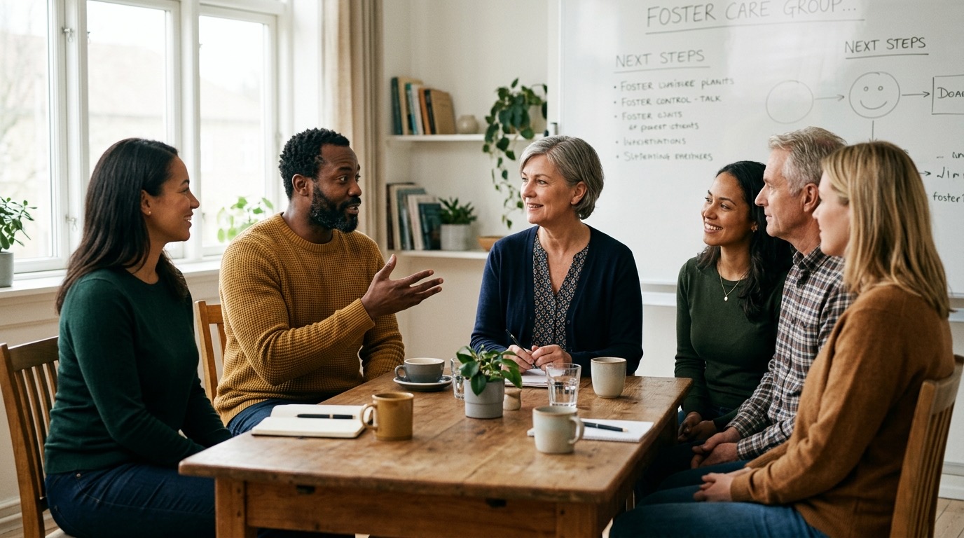 En grupp familjehemsföräldrar i samtal kring ett träbord, en handledare leder diskussionen i ett ljust mötesrum.